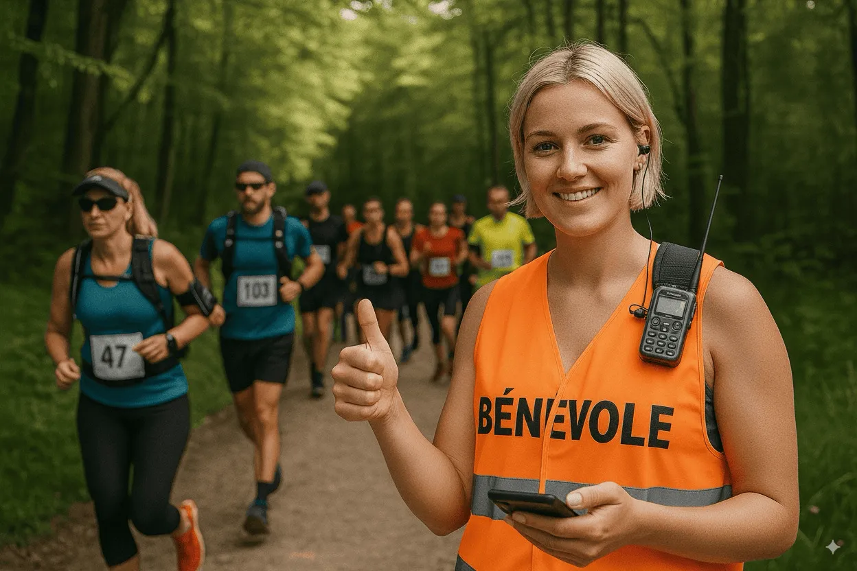 Bénévole souriant lors d'un événement de trail 1